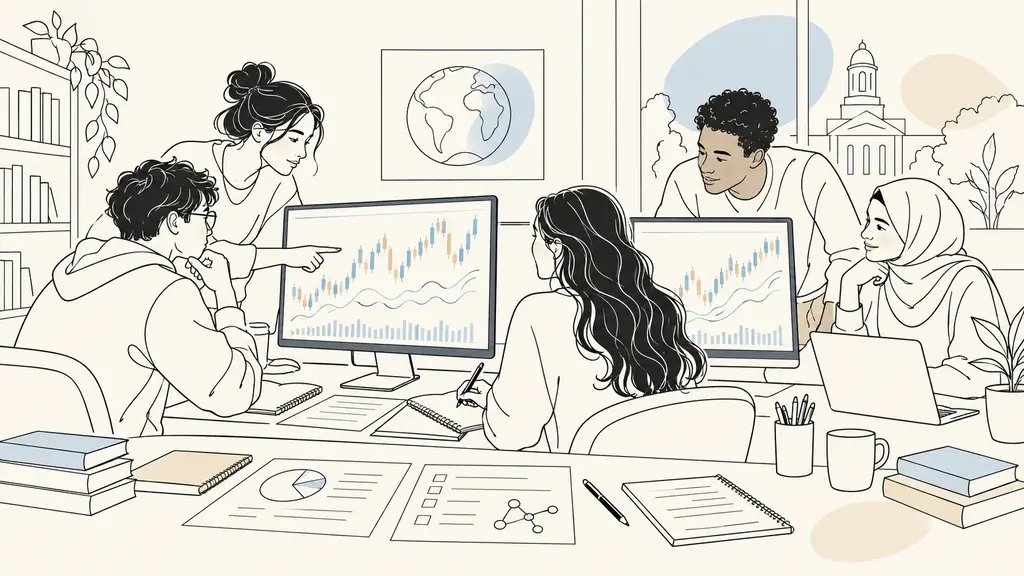 University students working in teams at computer screens displaying simulated futures market charts, with notebooks and a risk management worksheet on the desk, no visible text or logos