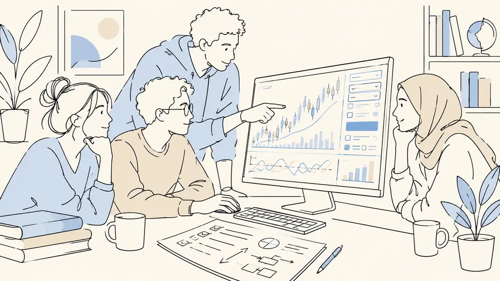 Student team placing a simulated futures order on a computer, with market charts on screen and a handwritten risk worksheet beside the keyboard, no visible text or logos