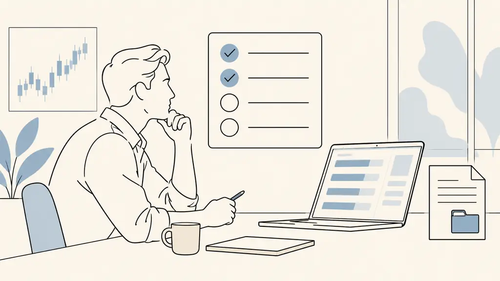 trader comparing a four-step evaluation checklist beside a laptop displaying generic progress bars and a saved contract document, no visible text or logos