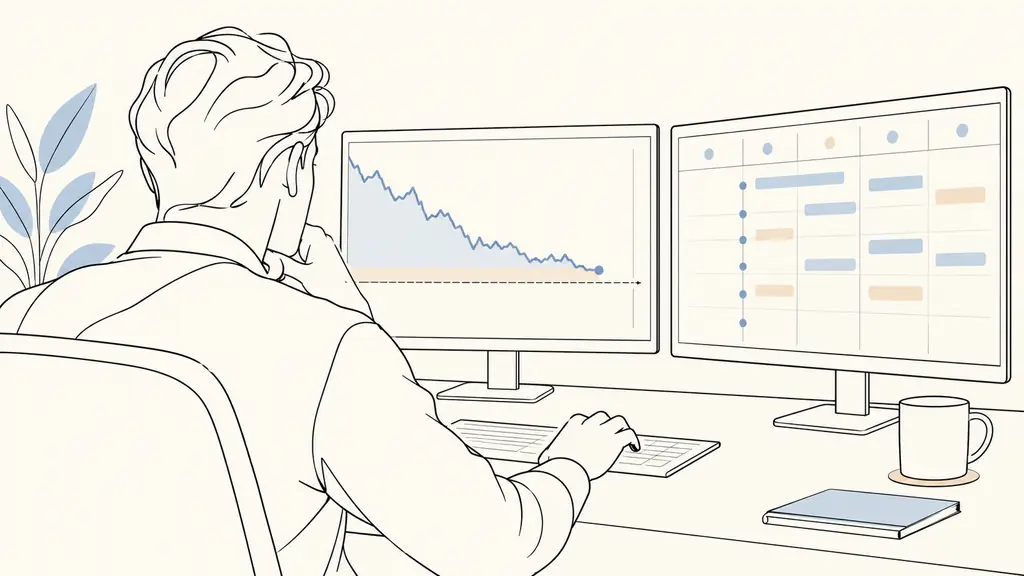 close-up of a trader monitoring a floating loss below a risk threshold while checking an economic calendar and an overnight position on two screens, no text or logos