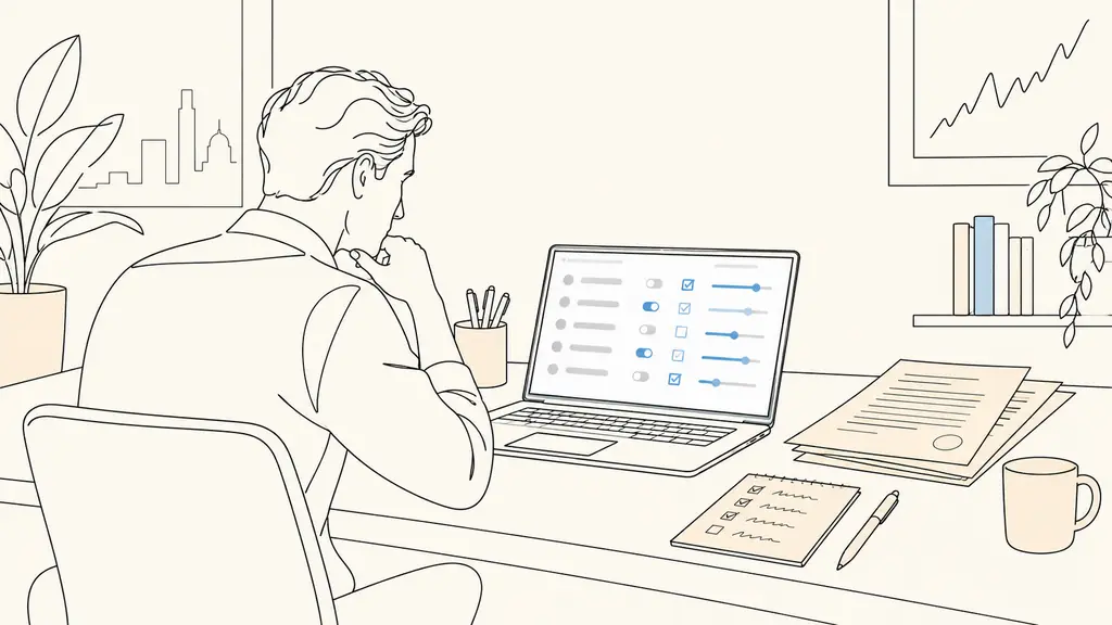 trader at a desk reviewing comparison filters on a laptop, printed legal terms beside a handwritten shortlist, no visible text or logos
